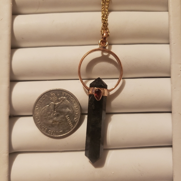 Larvikite w/ Garnet Copper pendant Necklace - Picture 7 of 12